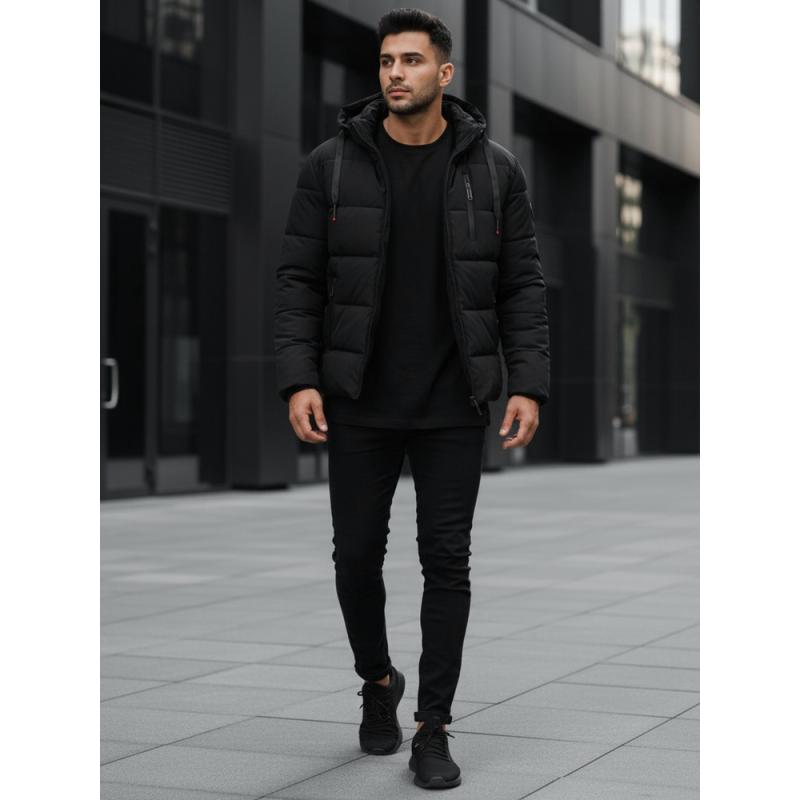 Pánská zimní prošívaná bunda s kapucí černá