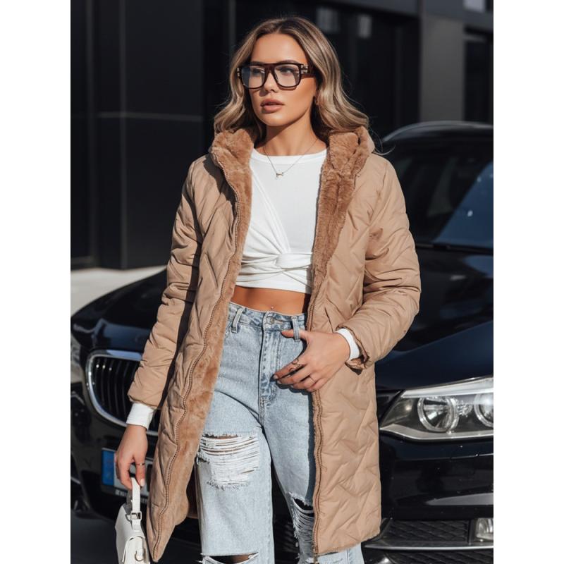 Dámská dlouhá prošívaná bunda, tmavě béžová