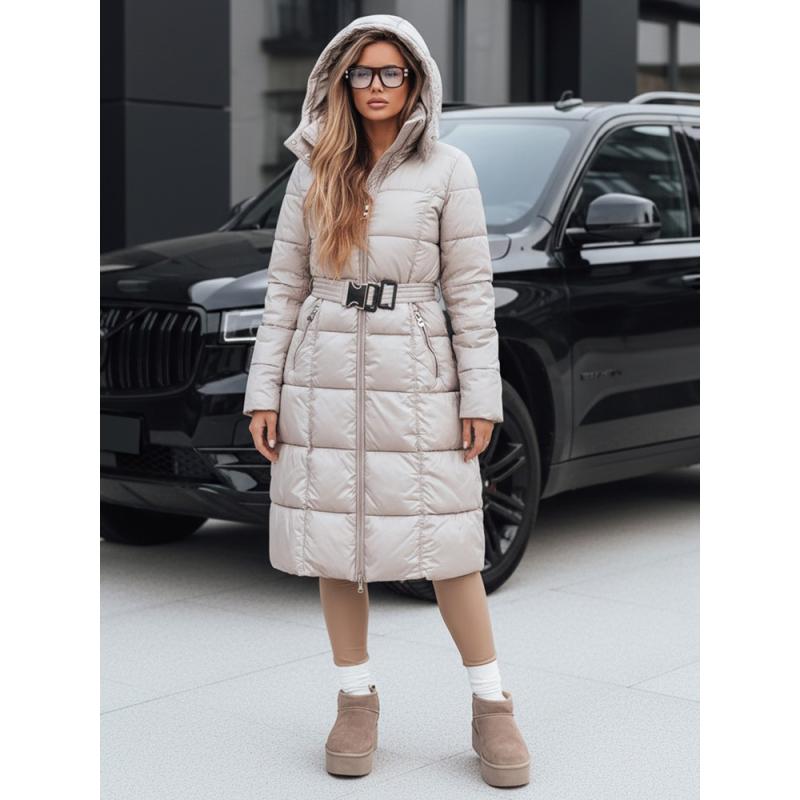 Dámská zimní prošívaná bunda s kapucí, béžová