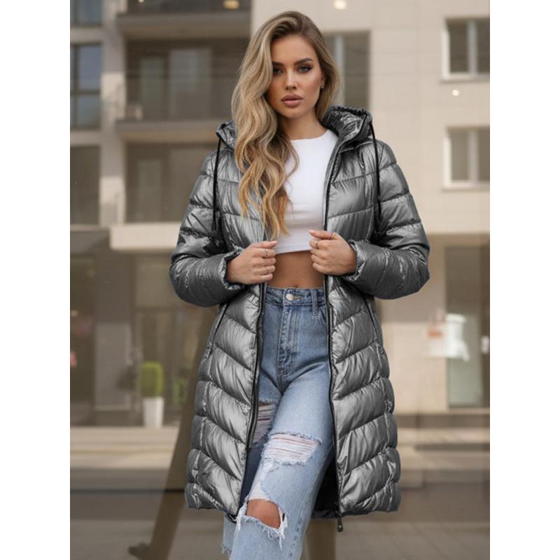 Dámská zimní dlouhá prošívaná bunda, stříbrná