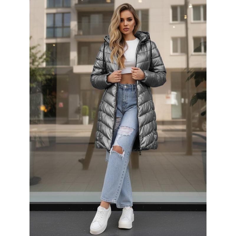 Dámská zimní dlouhá prošívaná bunda, stříbrná