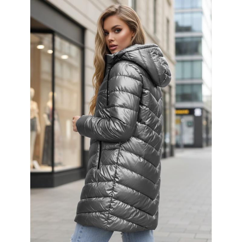 Dámská zimní dlouhá prošívaná bunda, stříbrná