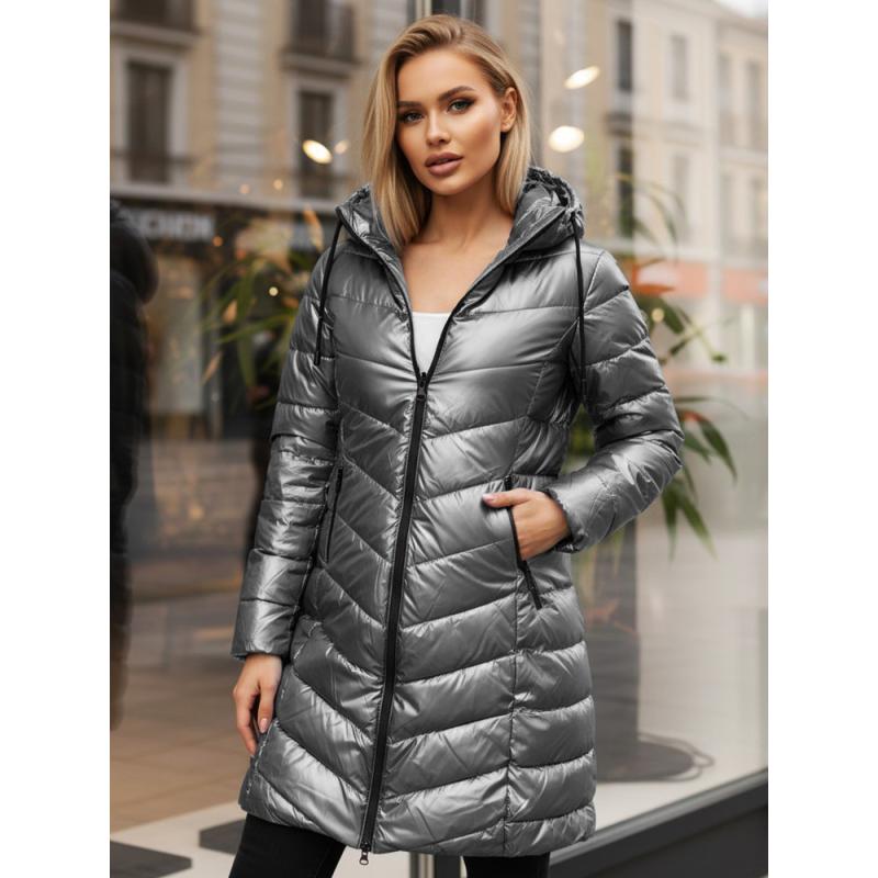Dámská zimní dlouhá prošívaná bunda, stříbrná