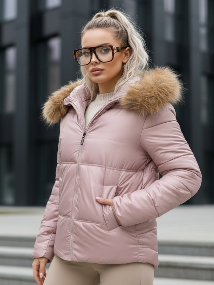 Női rózsaszín steppelt téli kabát