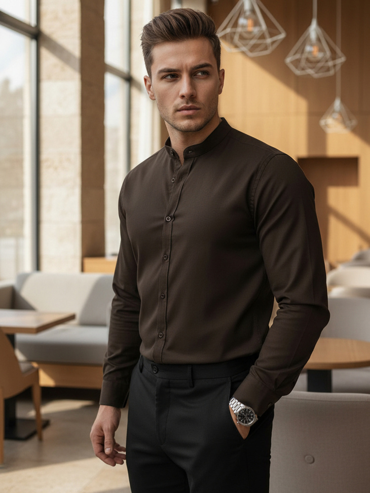 Férfi elegáns slim fit ing állógallérral, barna