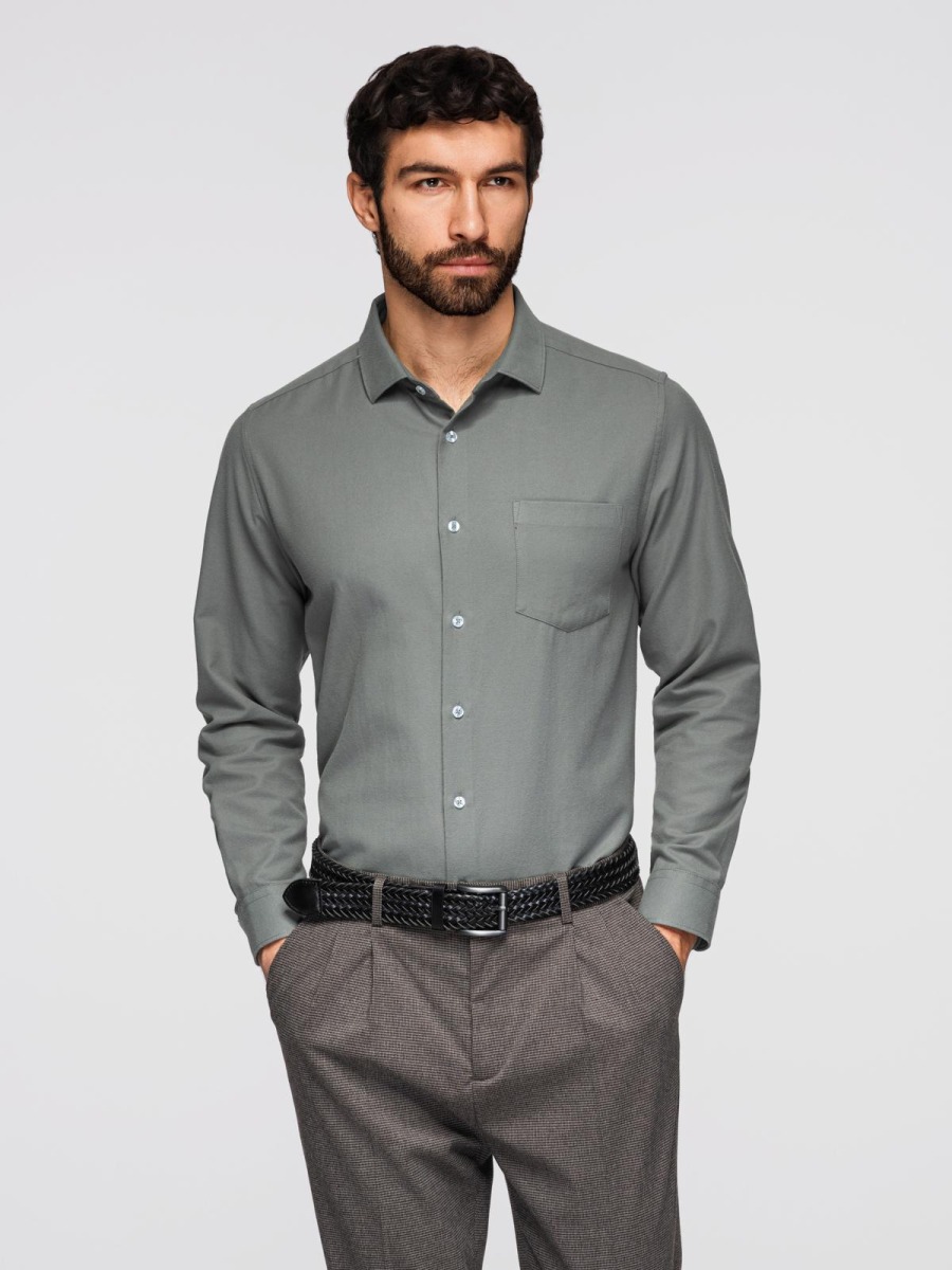 Pánská regular fit košile s dlouhým rukávem a náprsní kapsou, khaki