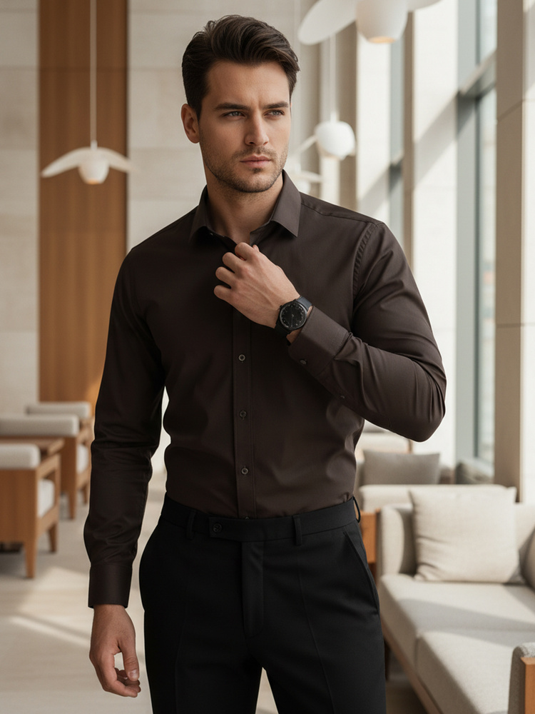 Pánská elegantní regular fit hladká košile, hnědá