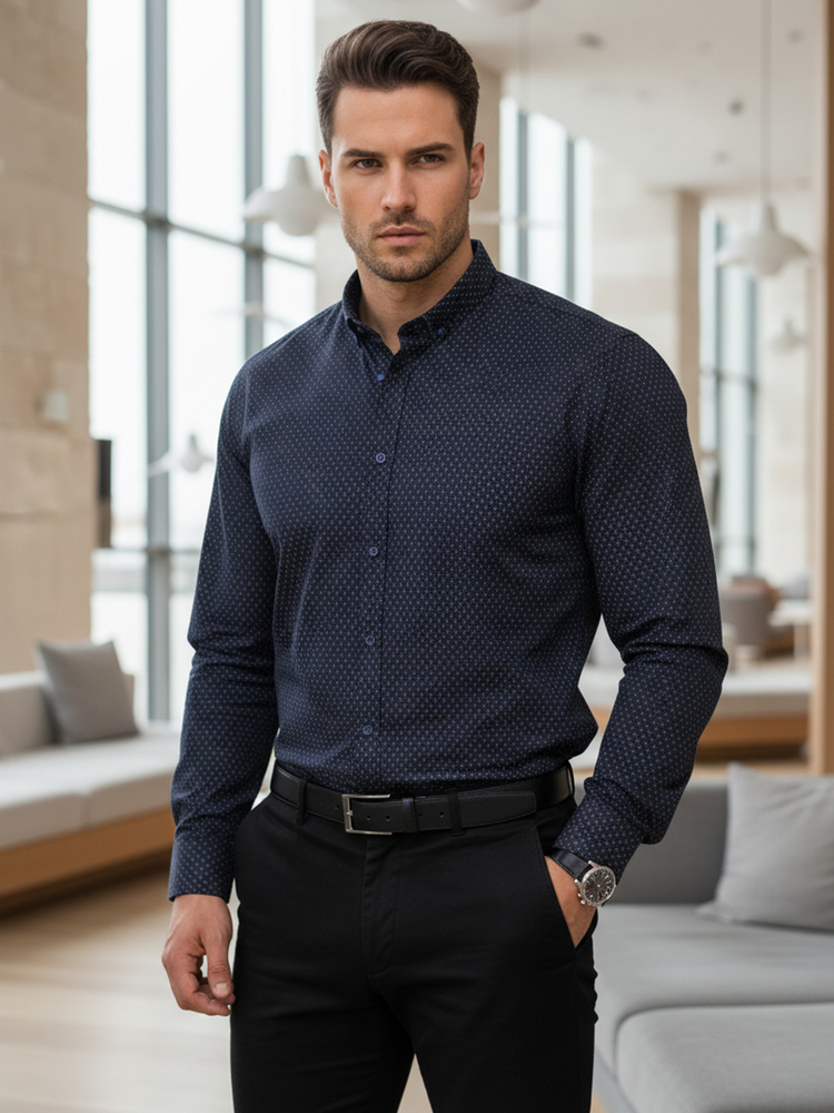 Pánska elegantná slim fit košeľa s jemným vzorom, námornícka modrá
