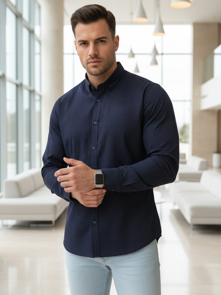 Férfi elegáns slim fit ing finom mikromintával, tengerészkék