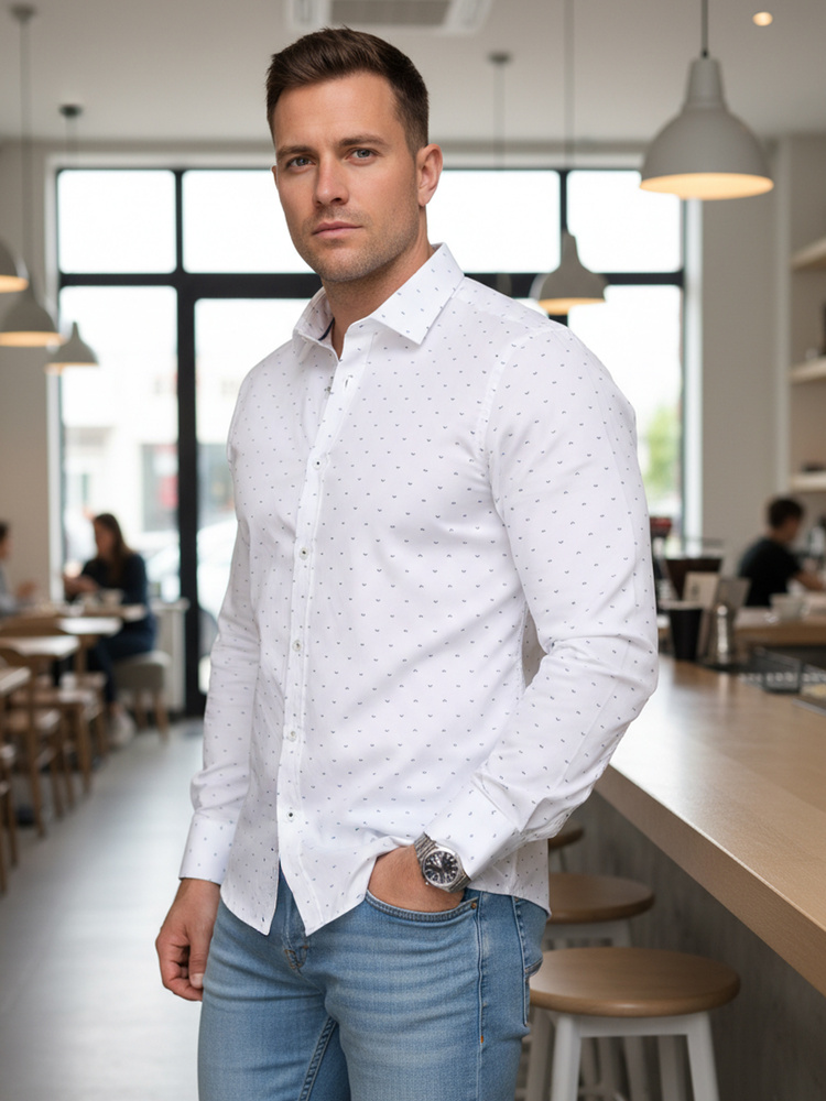 Férfi elegáns slim fit ing finom geometrikus mintával, fehér