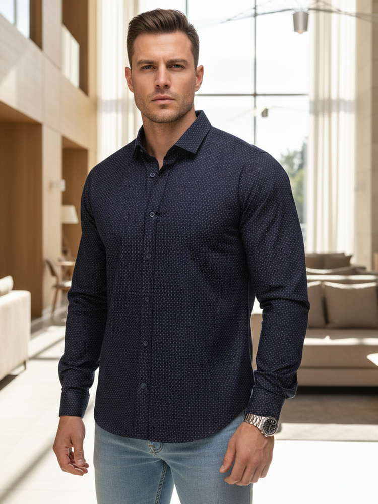 Férfi slim fit hosszú ujjú ing geometrikus mintával, sötétkék