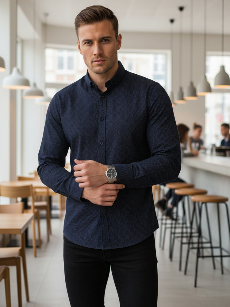 Férfi slim fit hosszú ujjú ing finom mintával, sötétkék