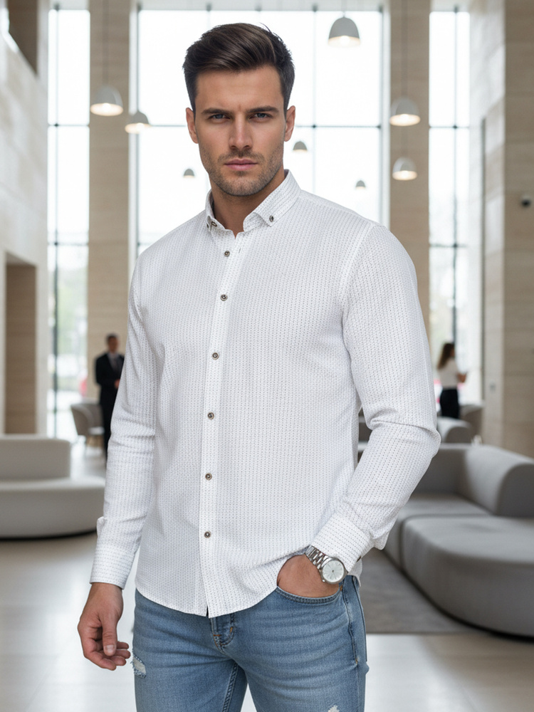 Férfi slim fit hosszú ujjú ing apró geometrikus mintával, fehér