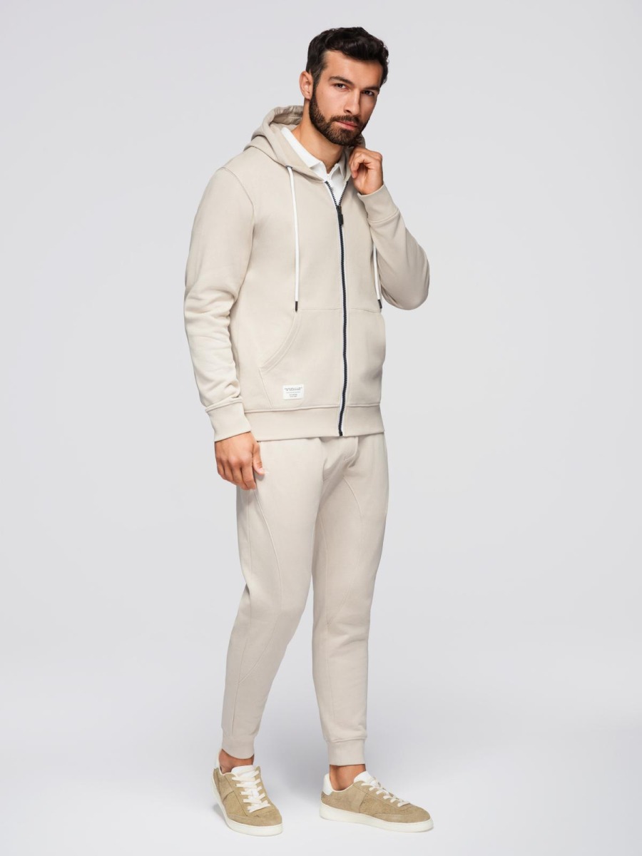 Férfi szabadidő szett cipzáras kapucnis pulóverrel és melegítőnadrággal, bézs