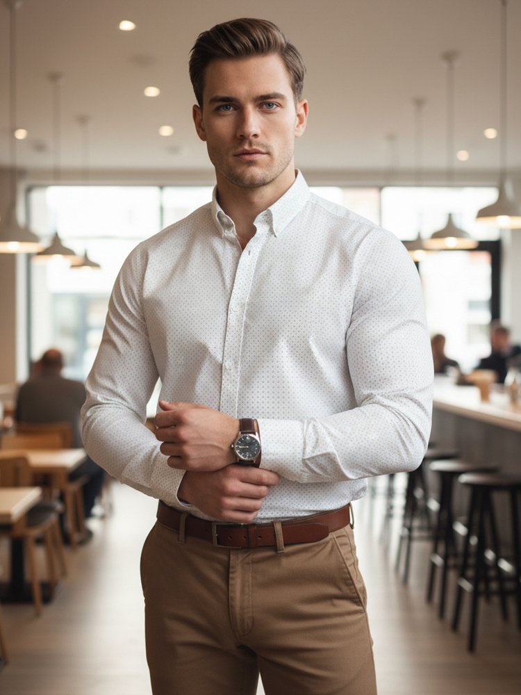 Férfi slim fit hosszú ujjú ing geometrikus mintával, fehér