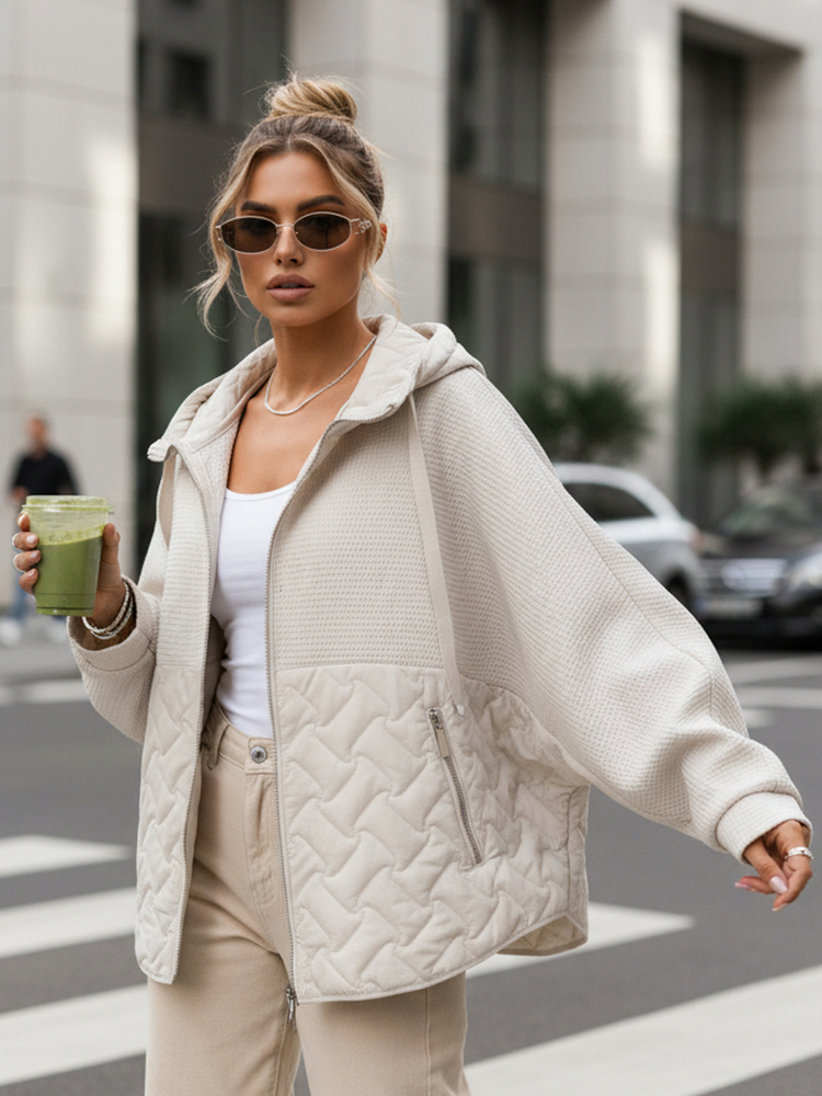 Dámska prechodná oversize bunda s kapucňou, ecru