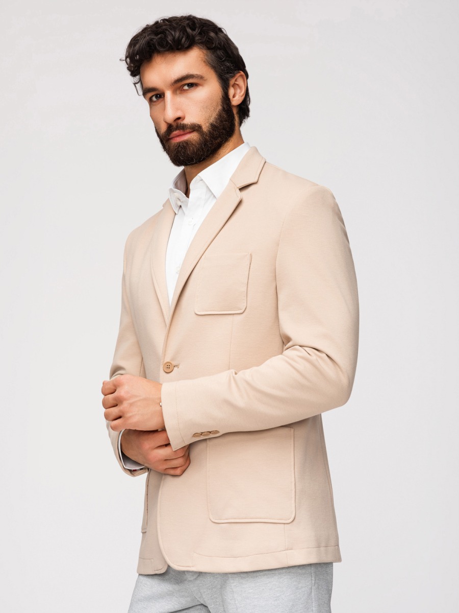 Pánské slim fit pletené sako se třemi předními kapsami a jemnou strukturou, béžové