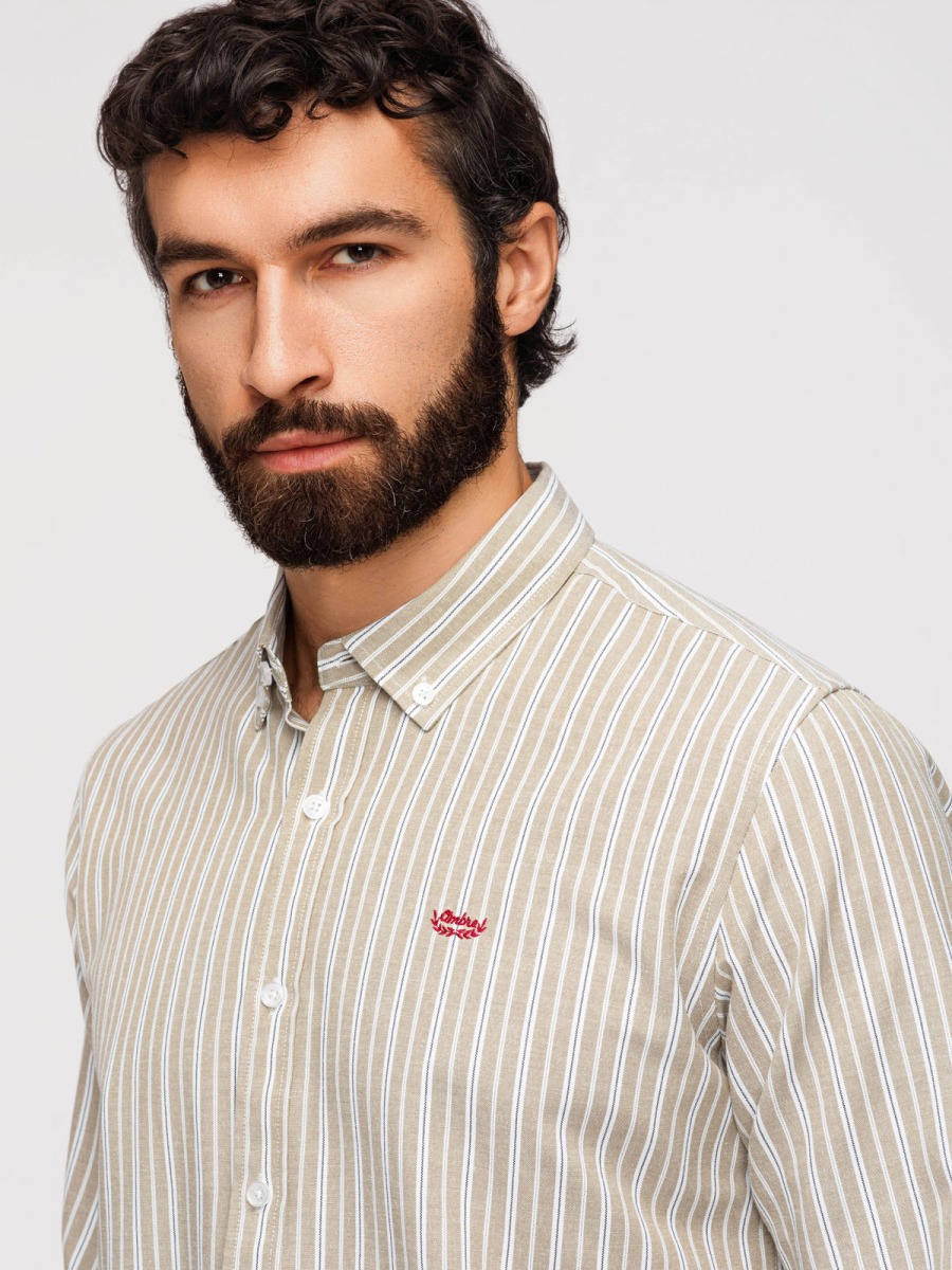 Pánská celoroční regular fit pruhovaná košile s dlouhým rukávem a button-down límečkem, béžová