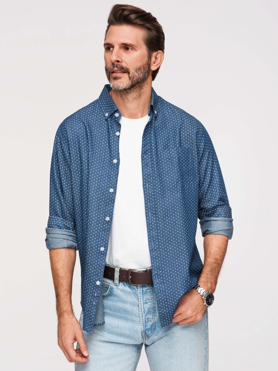 Pánská regular fit denimová košile s dlouhým rukávem a jemným vzorem, modrá