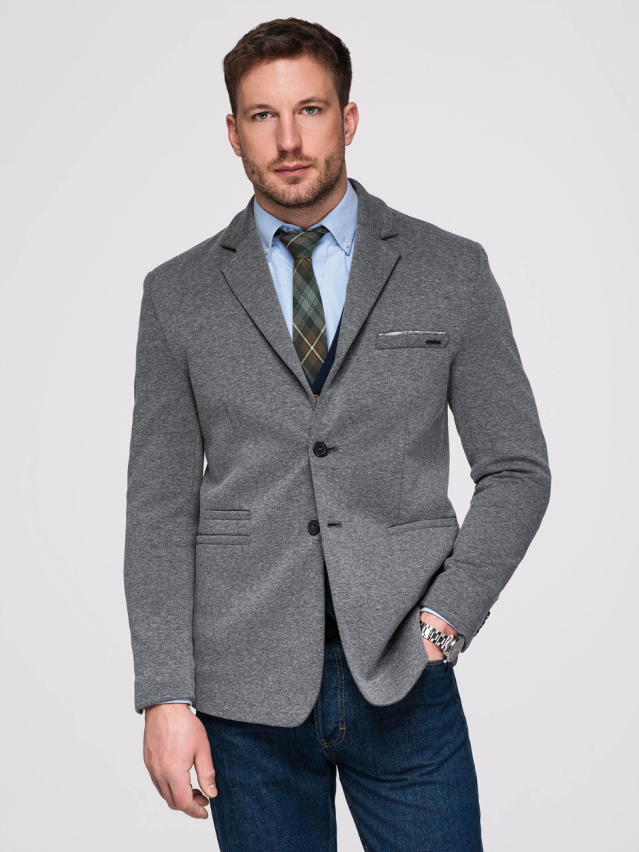 Pánské pletené slim fit sako s klasickými klopami a náprsní kapsou, tmavě šedé