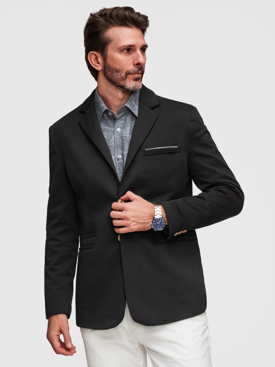 Pánské pletené slim fit sako s klasickými klopami a náprsní kapsou, černé