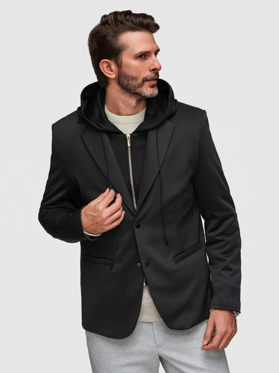 Pánské regular fit sako s odnímatelnou kapucí a vnitřní částí na zip, černé