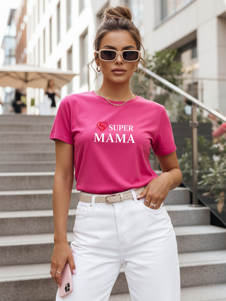 Női klasszikus póló Super Mama felirattal, rózsaszín