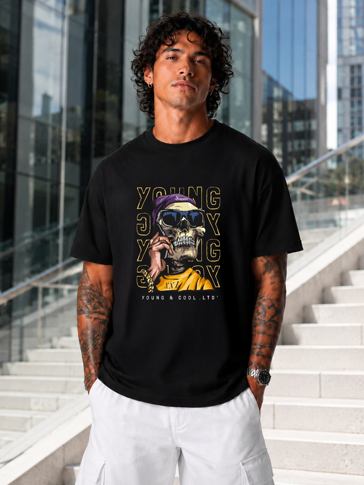 Pánské oversize tričko s potiskem lebky a nápisem, černá