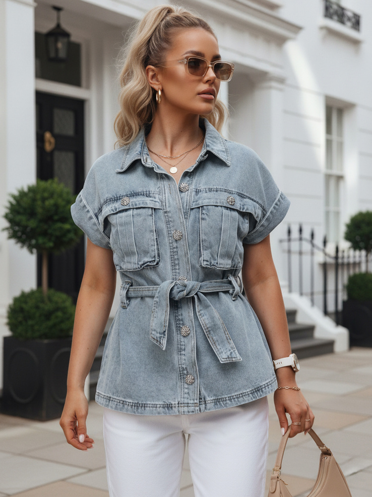 Dámska džínsová košeľa s opaskom a krátkym rukávom, modrá