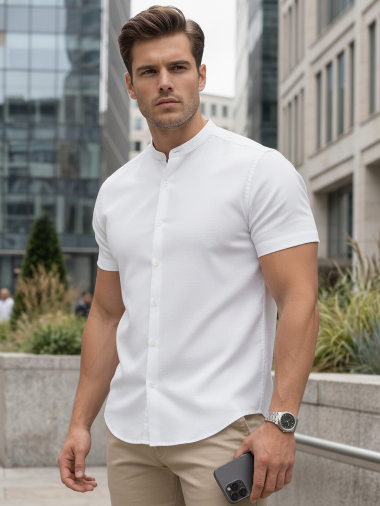 Férfi rövid ujjú slim fit ing állógallérral, fehér