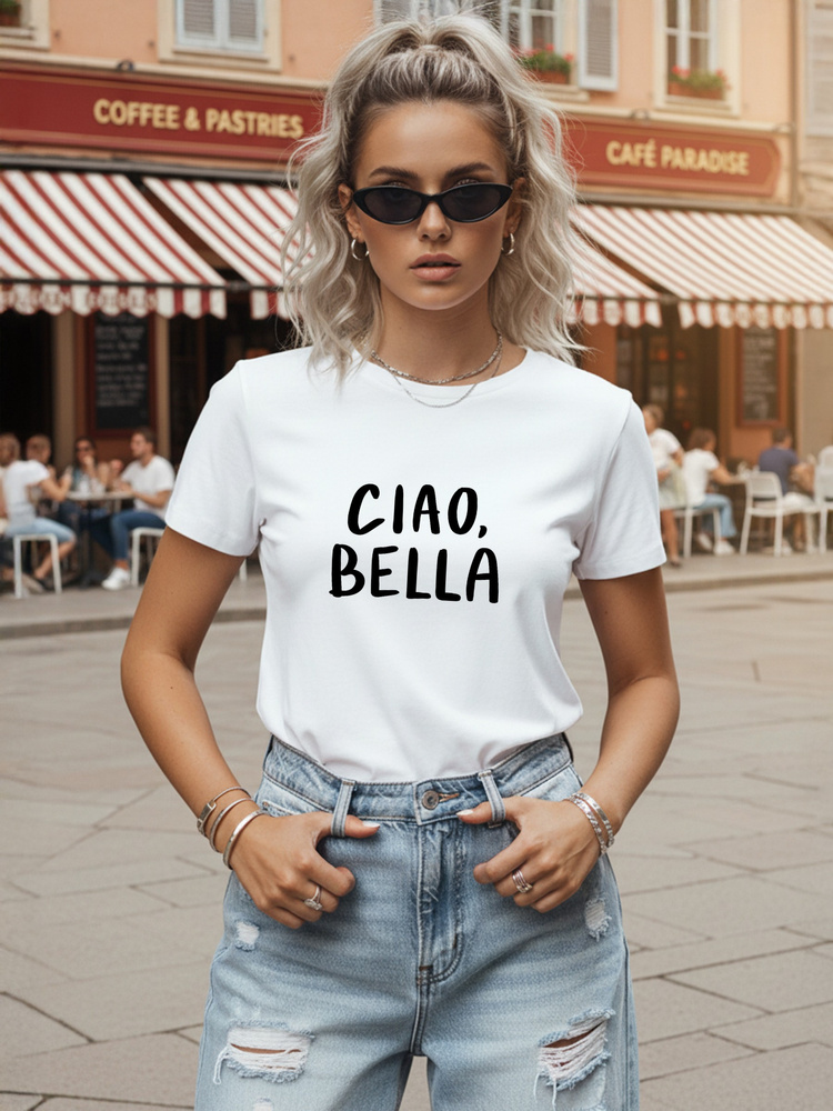 Dámské krátkorukávové klasické tričko s nápisem CIAO BELLA, bílá