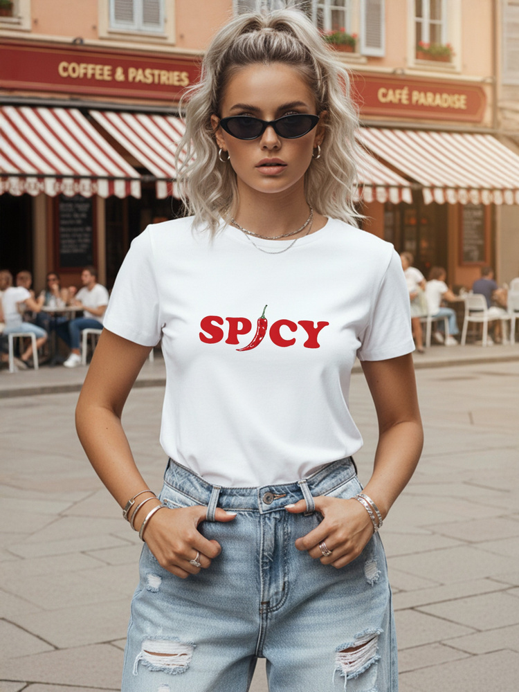 Dámské krátkorukávové klasické tričko s potiskem SPICY a chilli, bílá