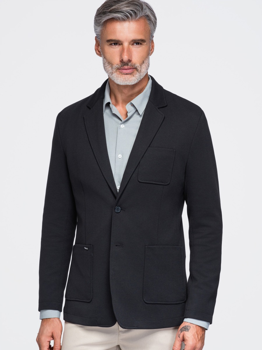 Pánské slim fit pletené sako se třemi předními kapsami, černé