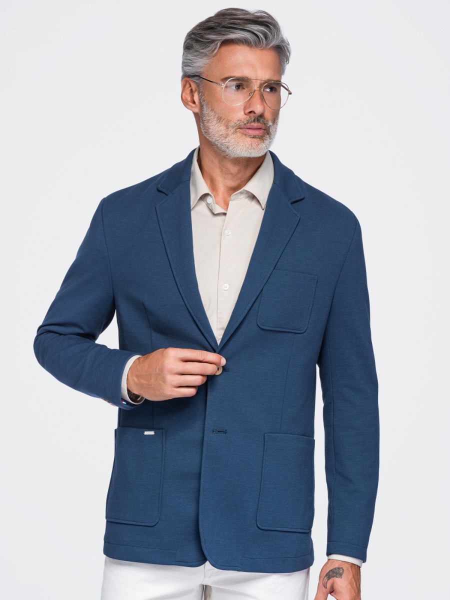 Pánské slim fit pletené sako se třemi předními kapsami, modré