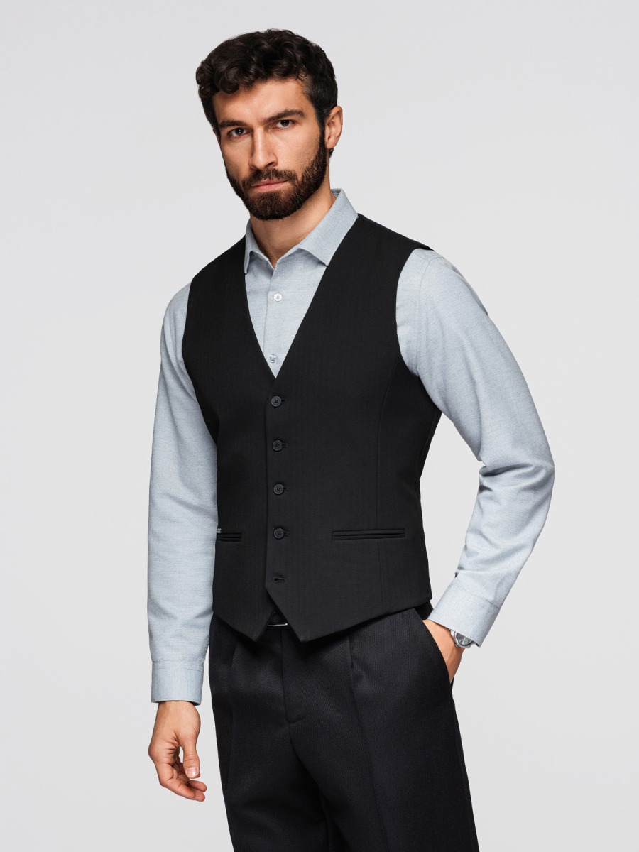 Férfi elegáns, slim fit mellény finom halszálkamintával, fekete
