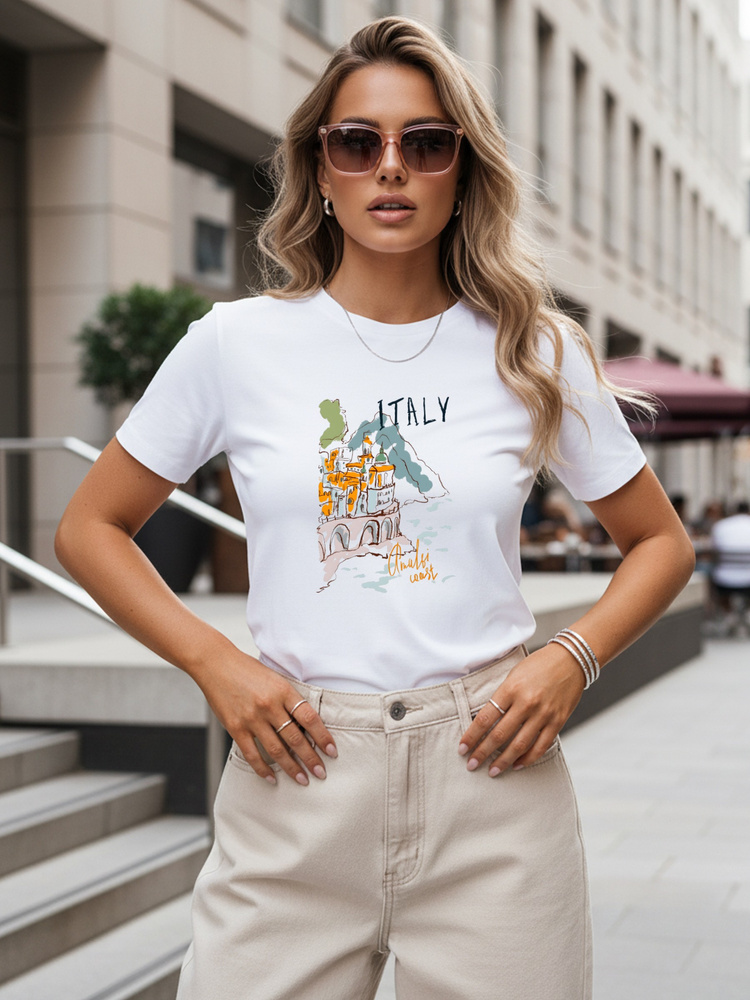 Női nyári klasszikus rövid ujjú póló Italy mintával, fehér