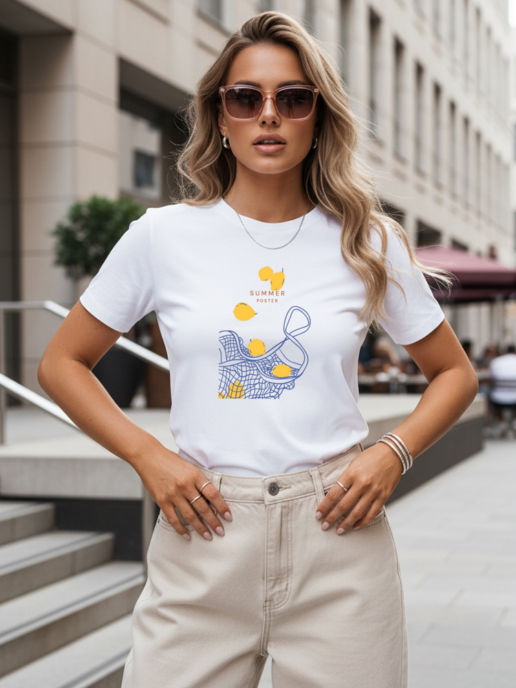 Női nyári klasszikus rövid ujjú póló Summer Poster mintával, fehér