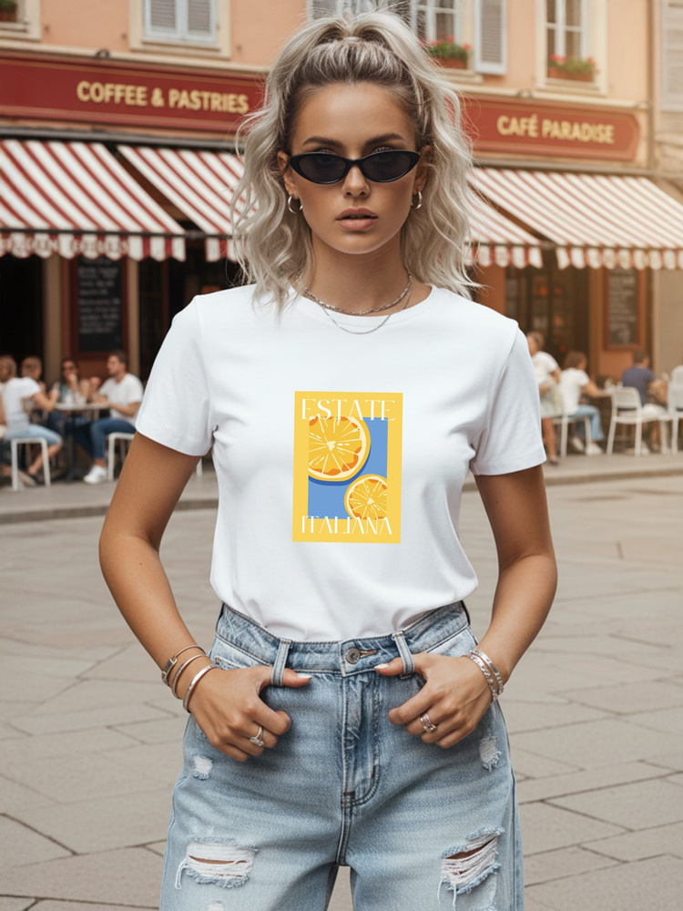 Női klasszikus póló citrusmintával, fehér