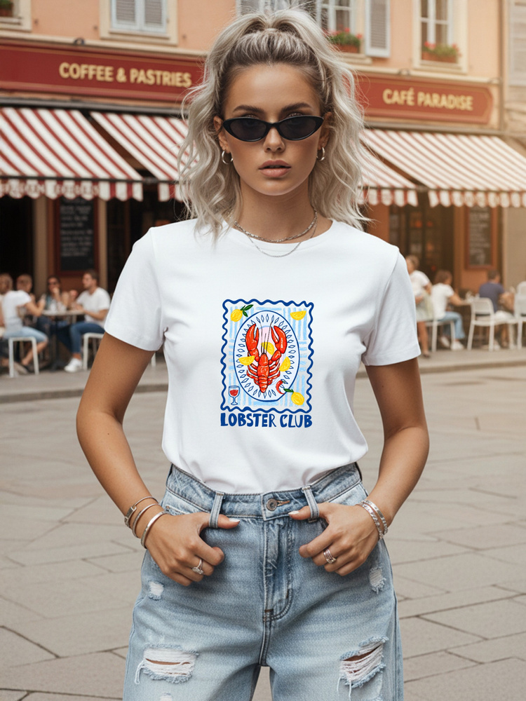 Dámské letní klasické tričko s krátkým rukávem a potiskem Lobster Club, bílé