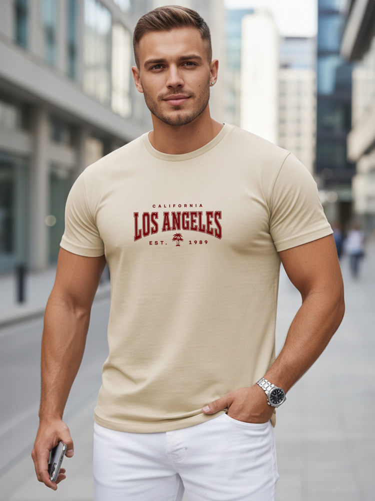 Férfi hétköznapi klasszikus póló kerek nyakkivágással és Los Angeles mintával, bézs