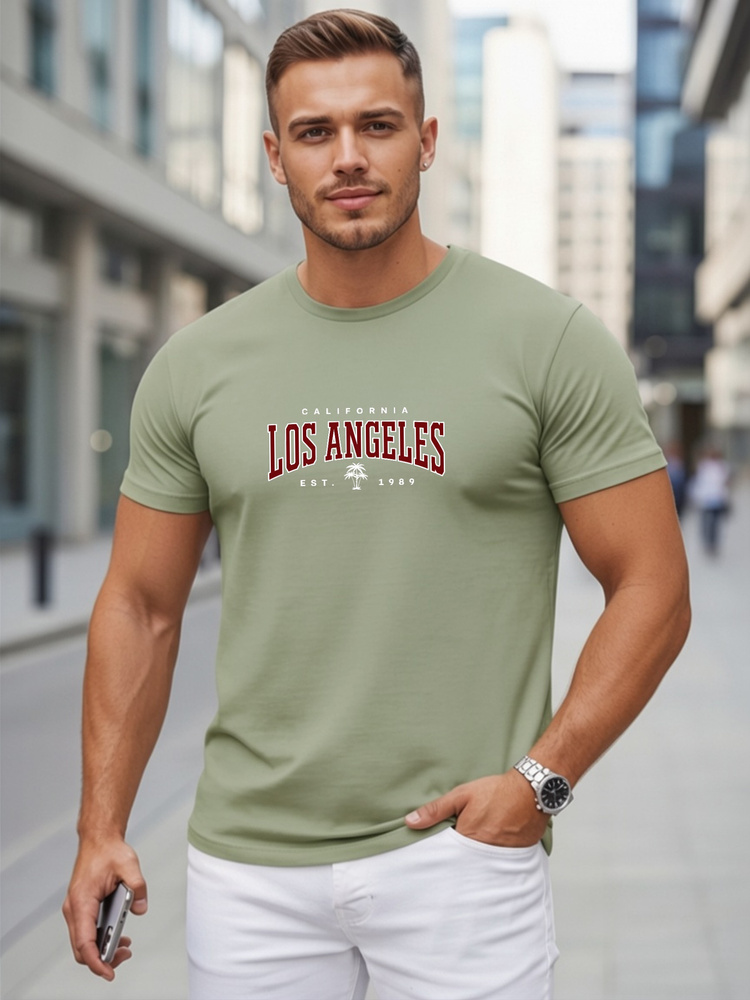 Férfi hétköznapi klasszikus póló kerek nyakkivágással és Los Angeles mintával, zöld