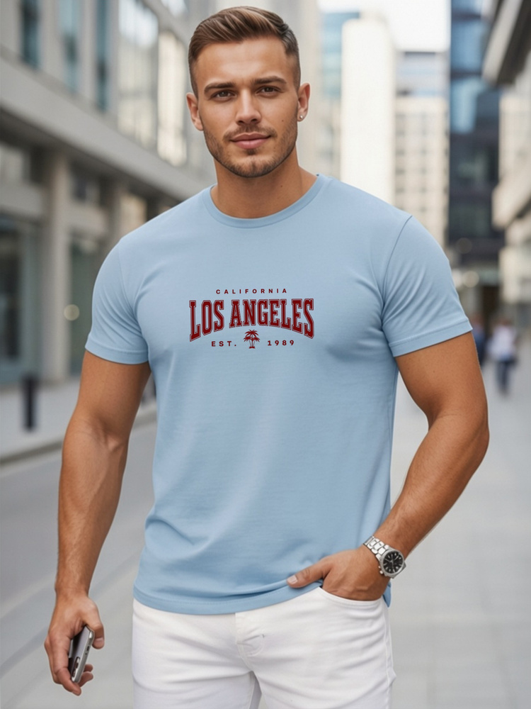 Férfi hétköznapi klasszikus póló kerek nyakkivágással és Los Angeles mintával, világoskék