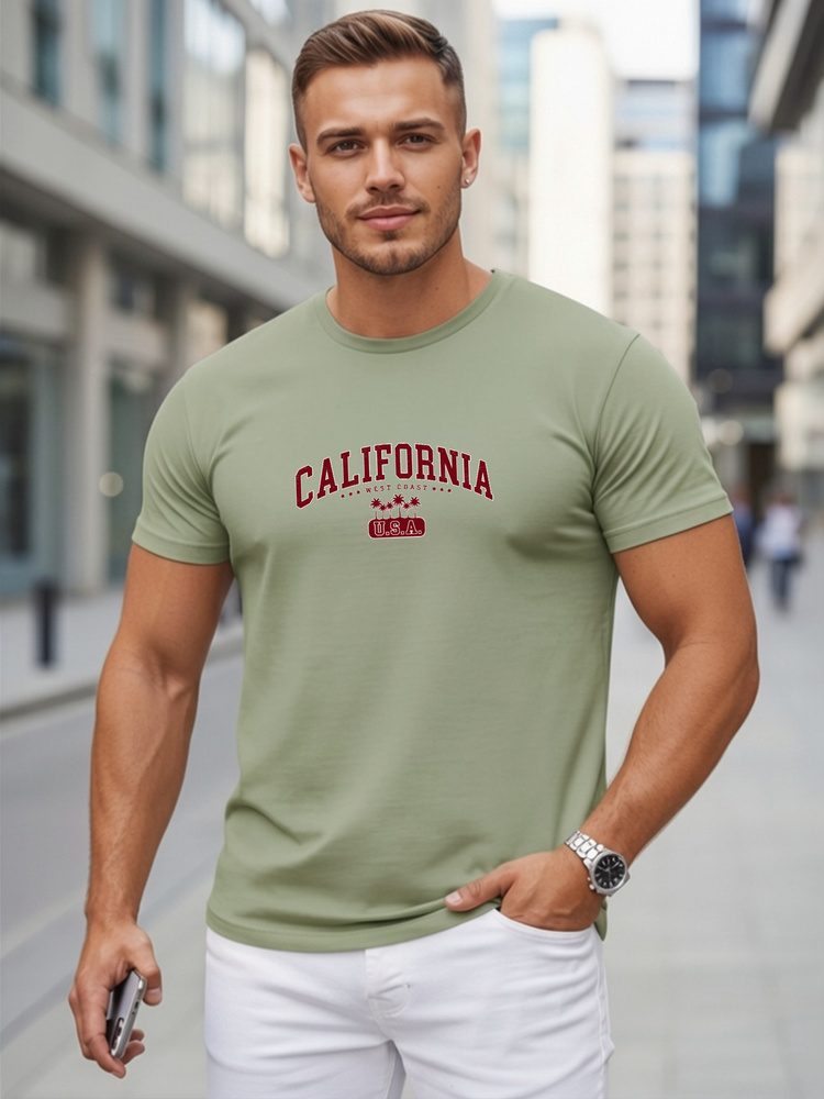 Férfi klasszikus rövid ujjú póló California mintával, zöld