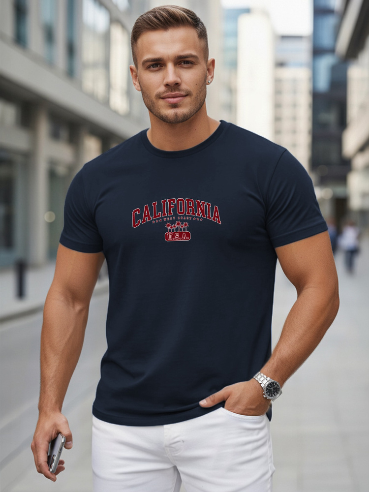 Férfi klasszikus rövid ujjú póló California mintával, sötétkék