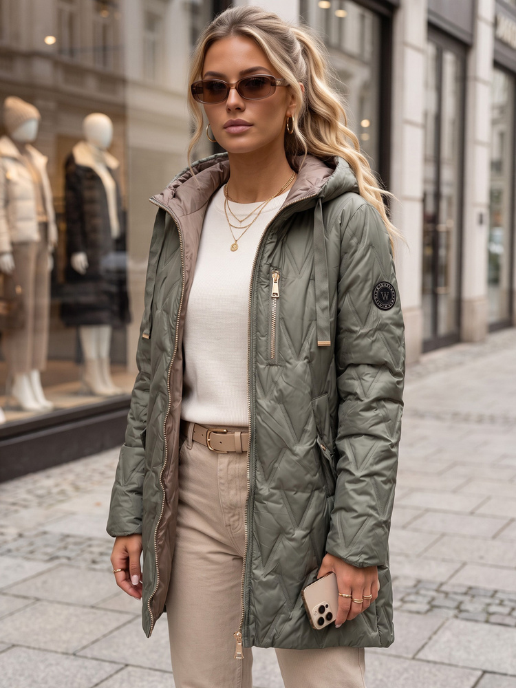 Női combközépig érő átmeneti steppelt kapucnis dzseki, zöld