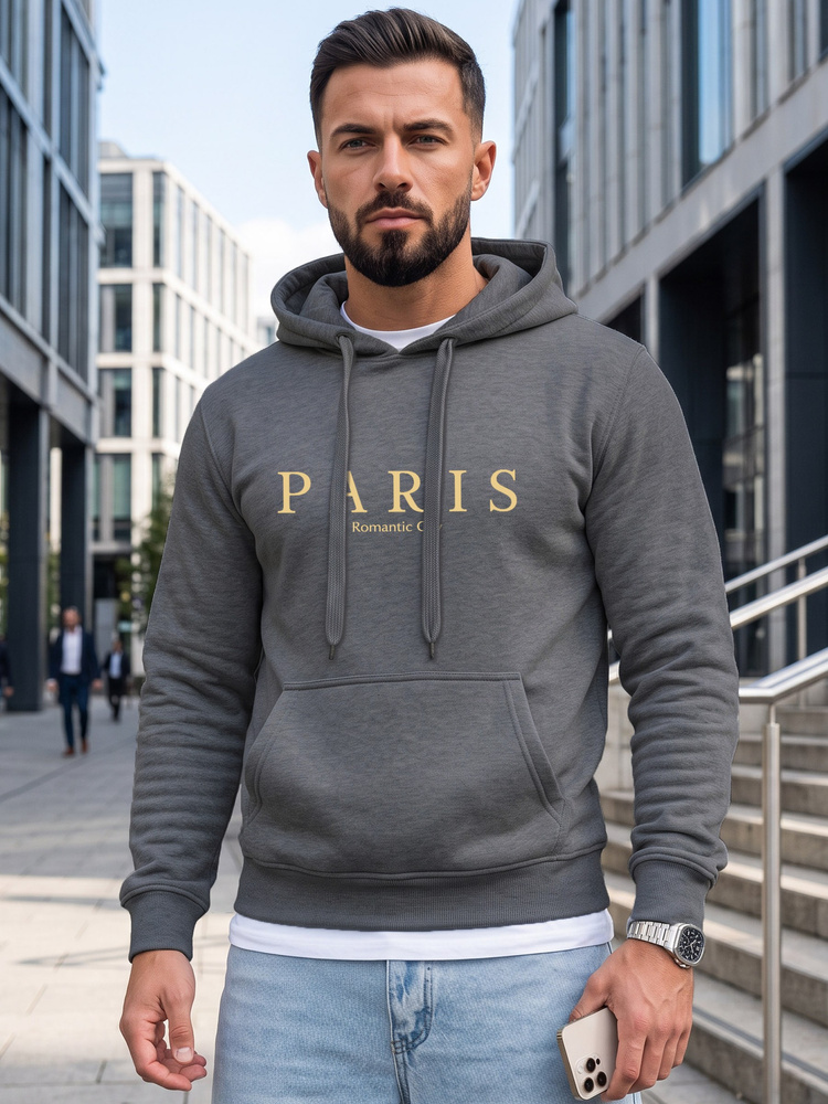 Férfi hétköznapi klasszikus kapucnis pulóver PARIS mintával, palaszürke
