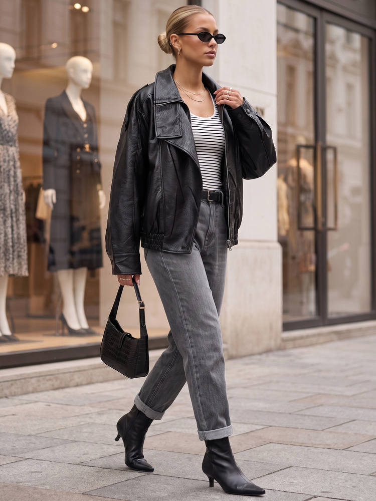 Női bő fazonú műbőr dzseki magas állógallérral és rugalmas alsó szegéllyel, fekete - foto 3