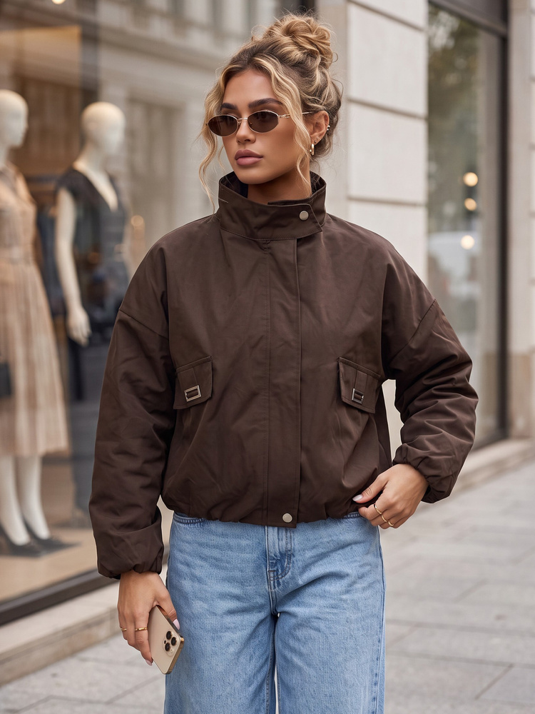 Dámská přechodová volná bomber bunda se stojáčkem, hnědá