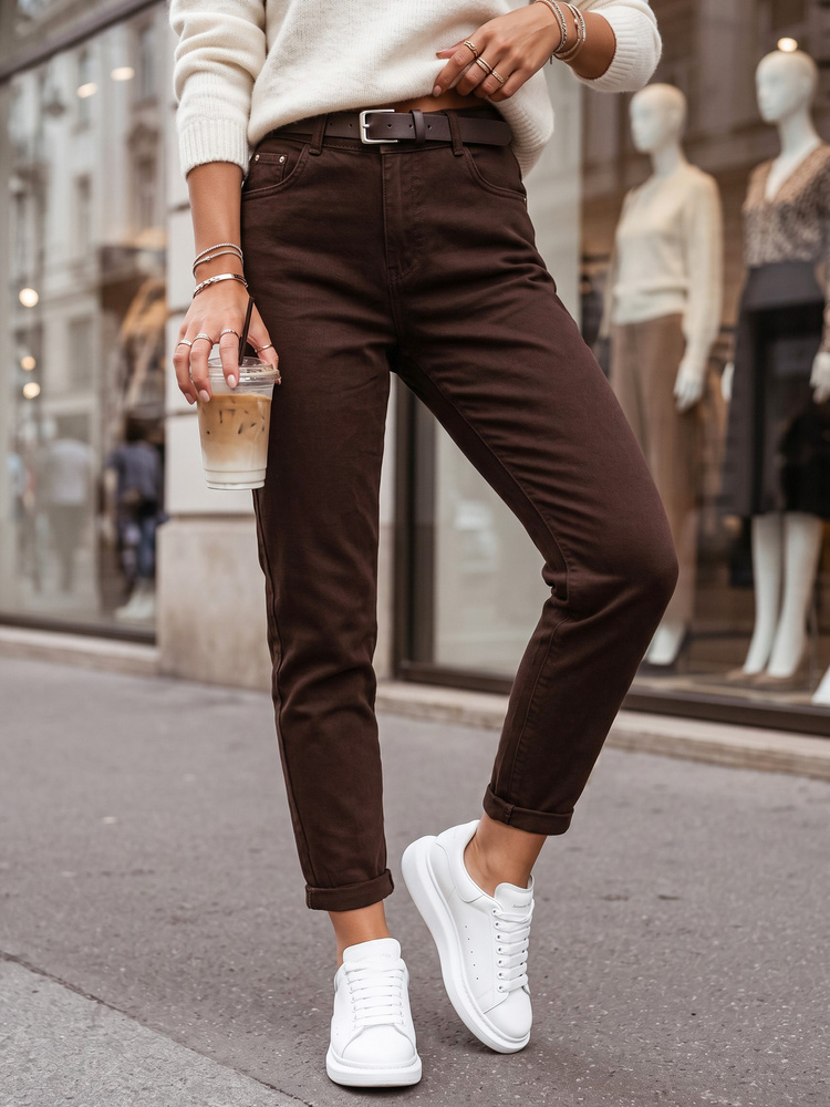 Női mom fit farmer magas derékkal és övvel, barna