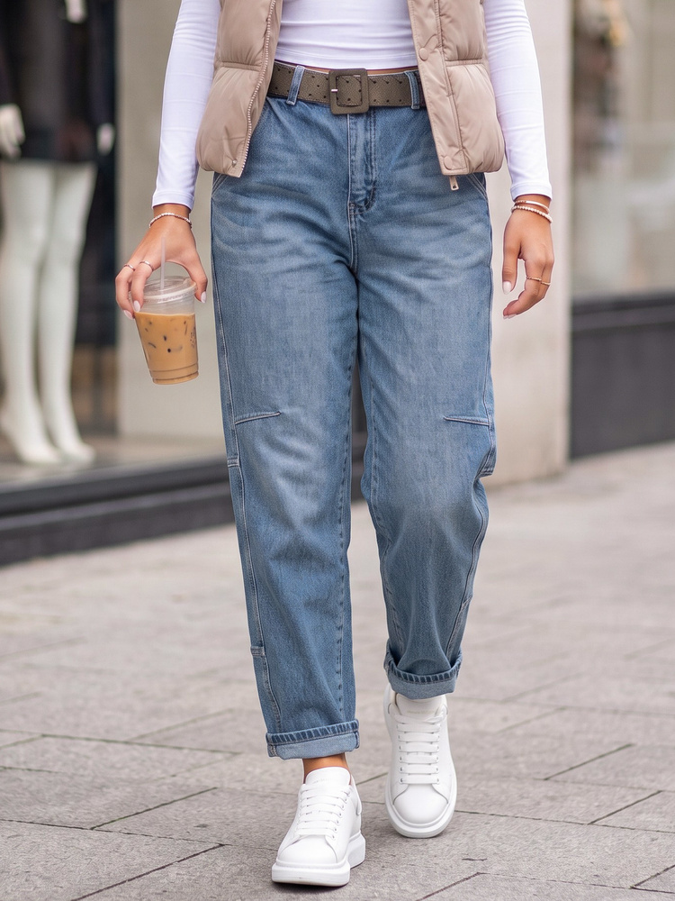 Női bő szárú baggy farmer magas derékkal és övvel, kék